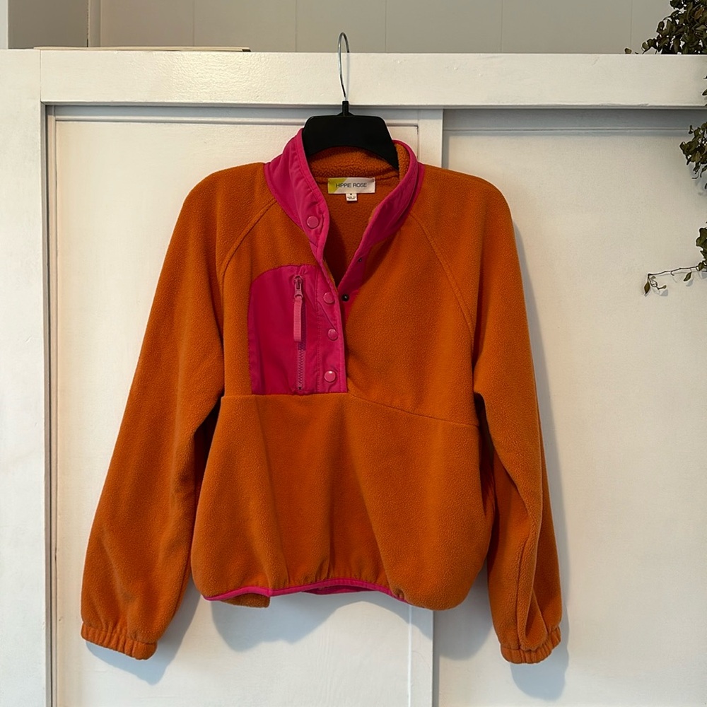Cozy Pink & Orange Woman’s Cropped Fleece Quarter Zip • Size Medium